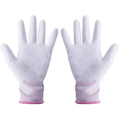 Gants de travail blancs en tissu avec bordure rose, présentés de face, paume ouverte.