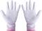 Gants de travail blancs en tissu avec bordure rose, présentés de face, paume ouverte.