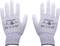 Deux gants de protection gris avec des impressions relatives aux normes de sécurité et aux informations du fabricant. Adaptés à la protection ESD et aux travaux de précision.