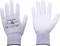 Gants de montage en tissu blanc avec le dos de la main et la paume en gris. Logo du fabricant et symboles de sécurité imprimés.