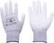 Deux gants de protection blancs en tissu, avec des signes normalisés et des informations sur le fabricant imprimés sur le dos de la main.