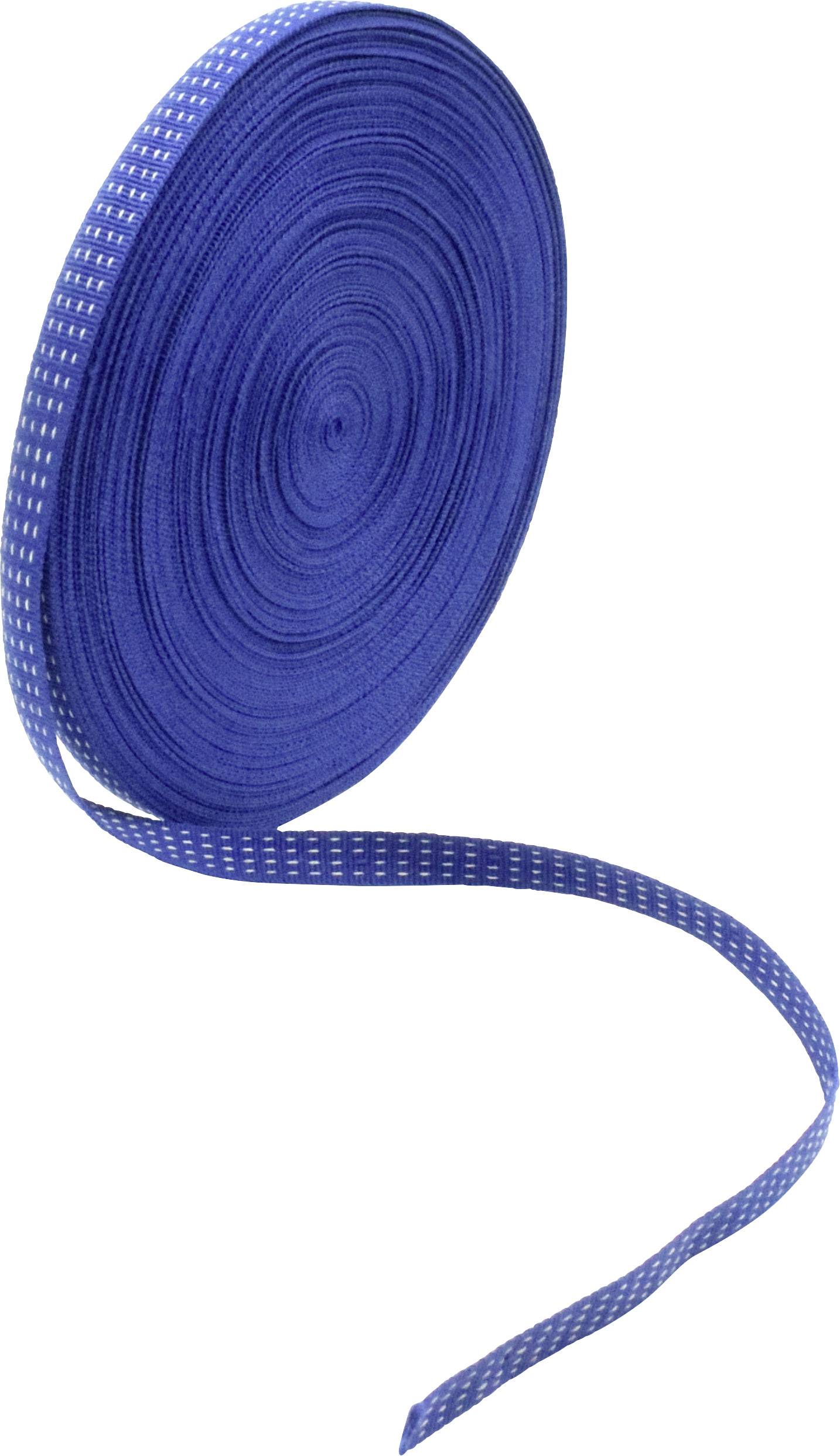 Un rouleau de ruban de tissu bleu à pois blancs qui se déroule en spirale.