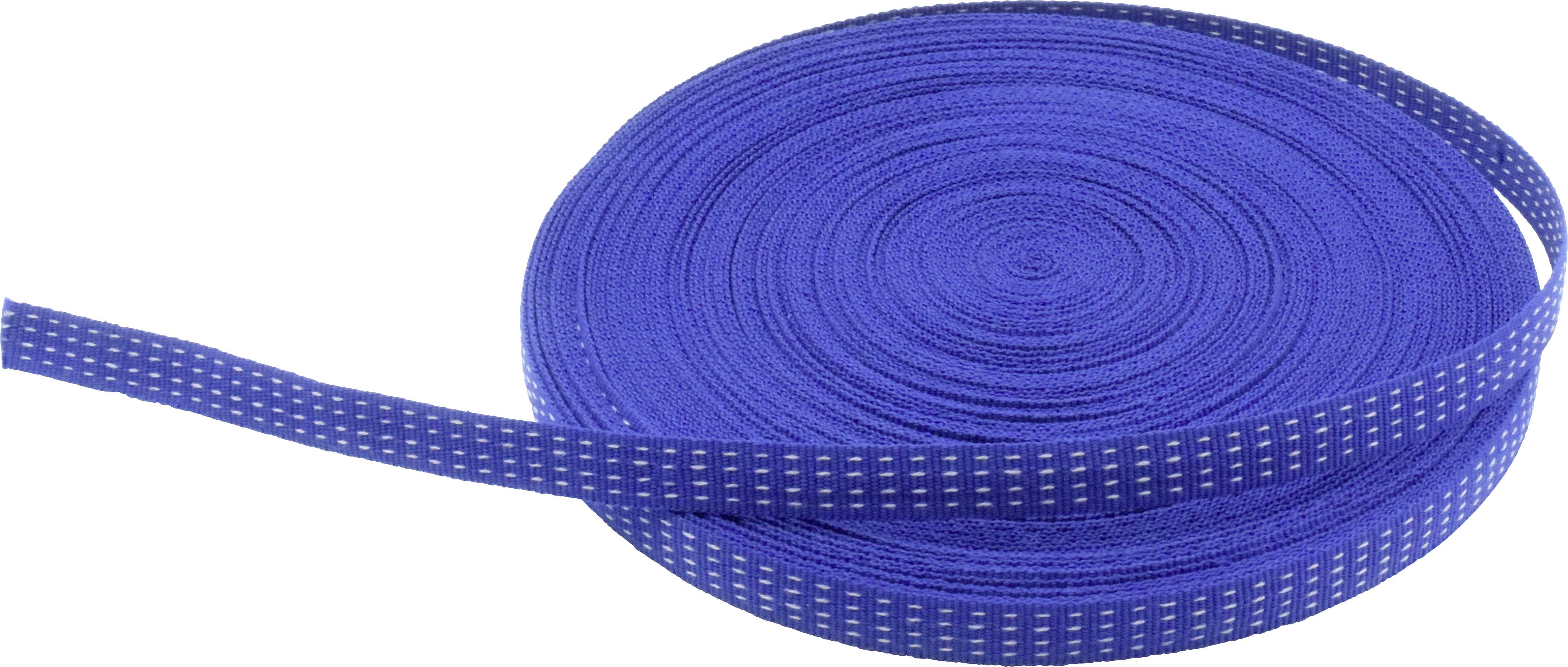 Ruban bleu enroulé avec de petits points blancs sur un côté.