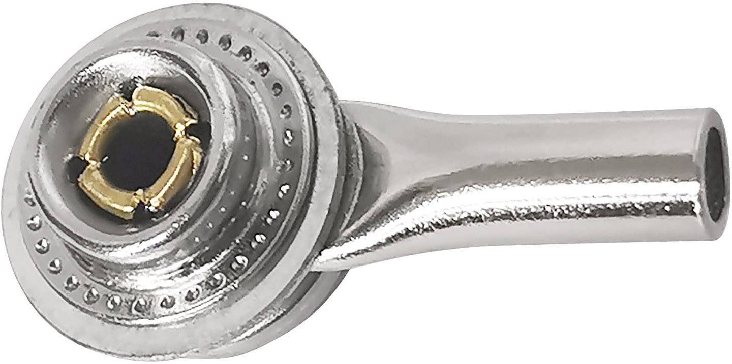 Pièce métallique articulée avec un raccord cylindrique sur le côté droit et une extrémité perforée ronde à gauche.