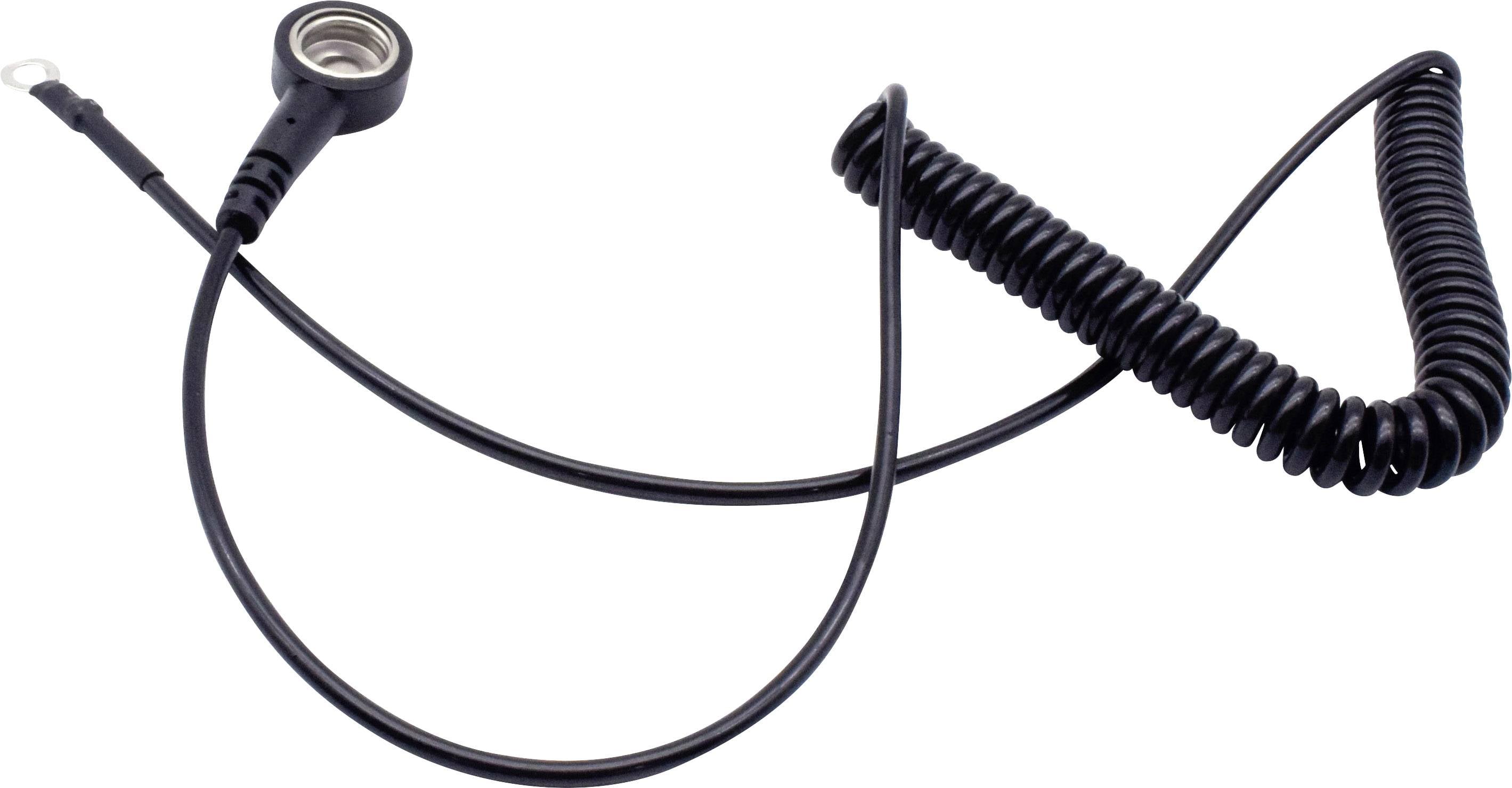 Un câble noir spiralé avec une ouverture de connexion ronde et métallique et un embout de câble à l'autre extrémité.