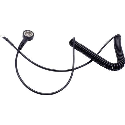 Un câble noir spiralé avec une ouverture de connexion ronde et métallique et un embout de câble à l'autre extrémité.