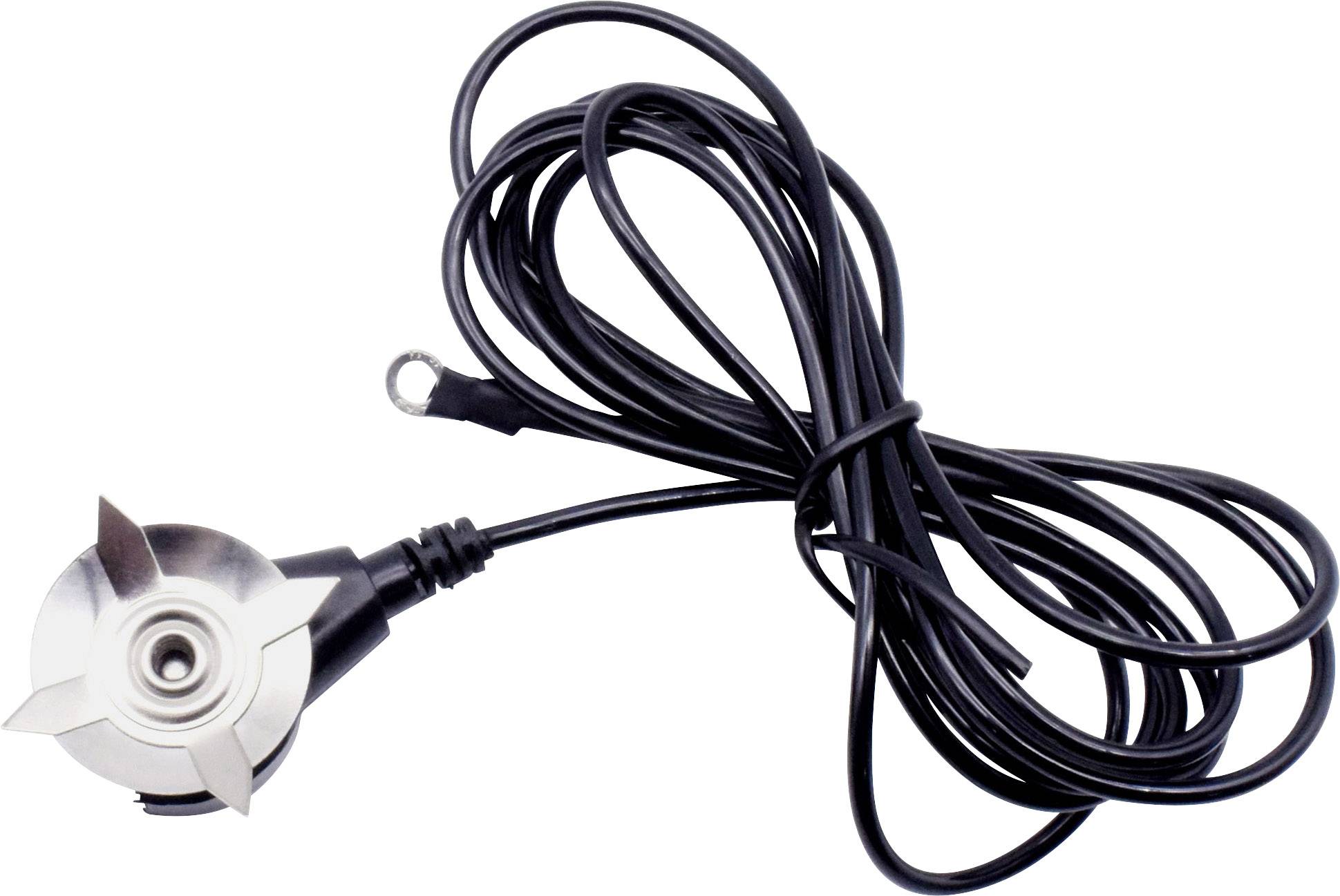 Support magnétique en argent avec câble noir, permet la connexion d'appareils sur des surfaces métalliques.