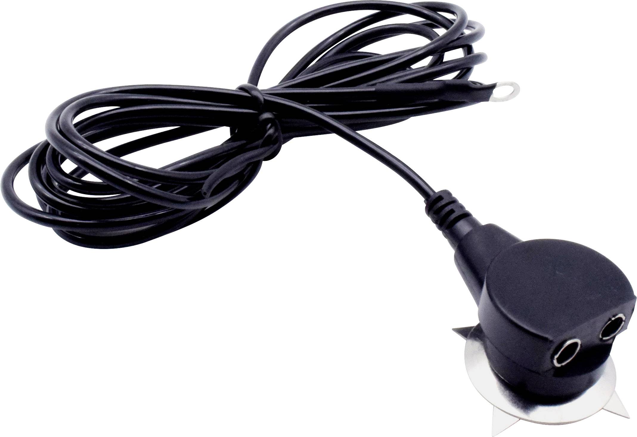 Un câble électrodique noir avec une fiche ronde et une boucle de câble, adapté pour la connexion à des appareils médicaux ou électroniques.