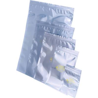 Cinq sachets antistatiques argentés de différentes tailles, empilés les uns sur les autres. Sachets imprimés avec le symbole de recyclage et un texte informatif.