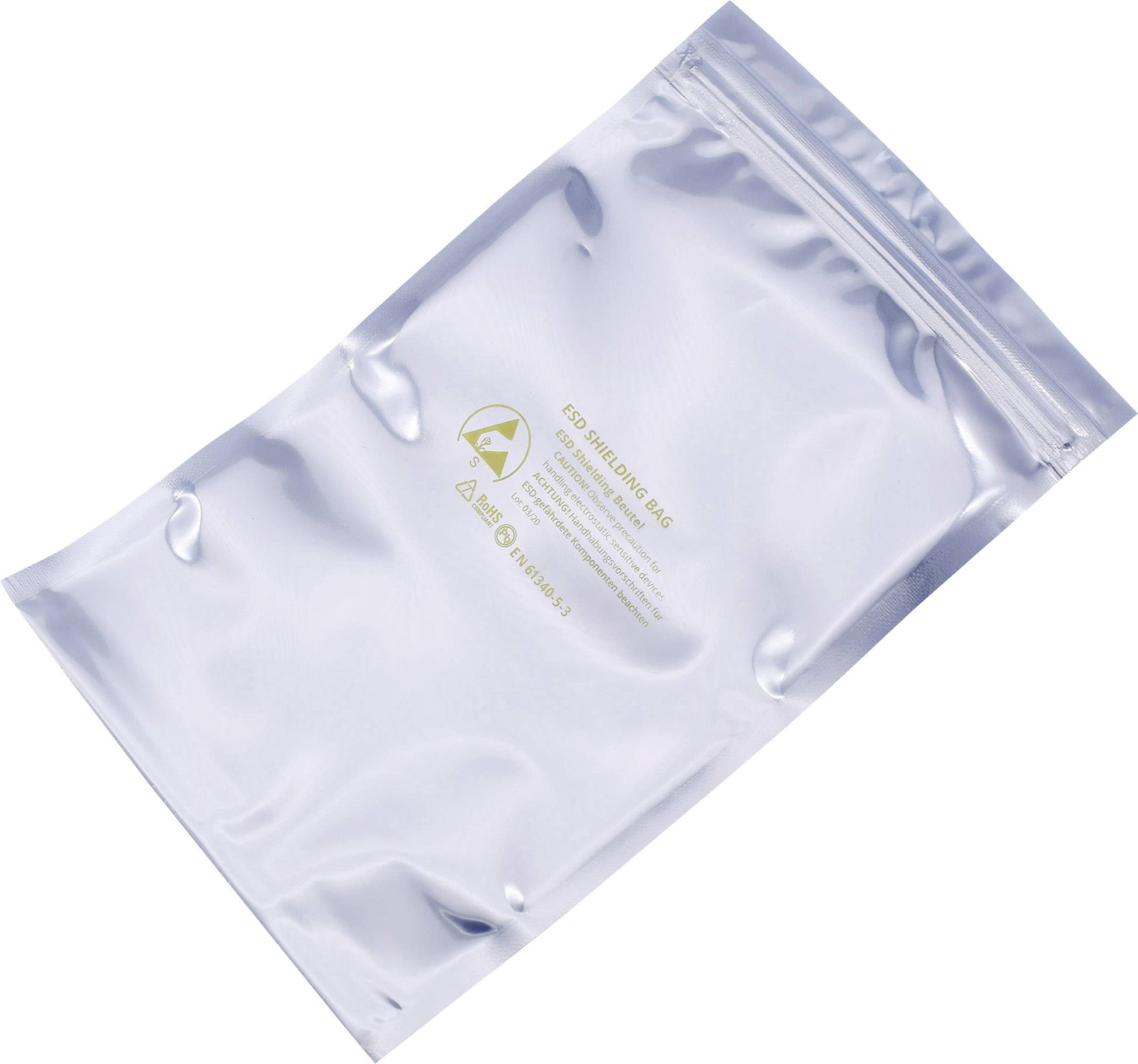 Sachet antistatique argenté scellé portant des symboles d'avertissement et des inscriptions indiquant la protection des composants électroniques.