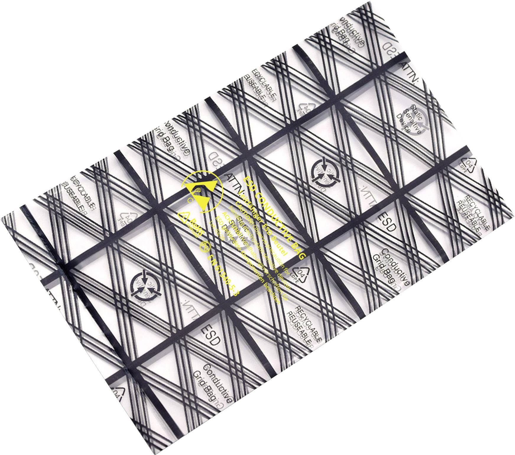 Emballage en plastique triangulaire pour circuits intégrés, avec symbole antistatique et avertissements de sécurité.