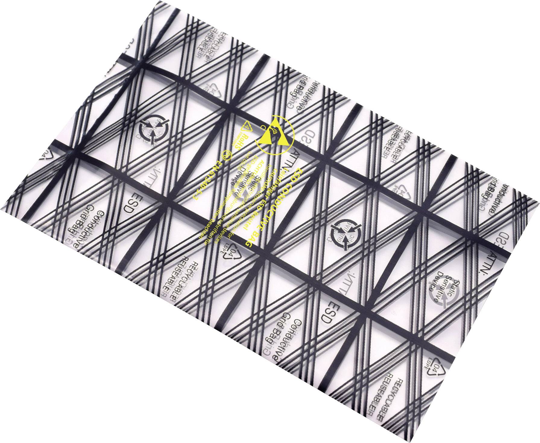 Plaque en plastique recyclé avec des symboles de recyclage gravés. Motif quadrillé noir et blanc avec inscription jaune.