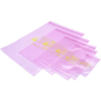 Plusieurs sacs antistatiques roses de différentes tailles, empilés. Impressions en jaune avec des avertissements.
