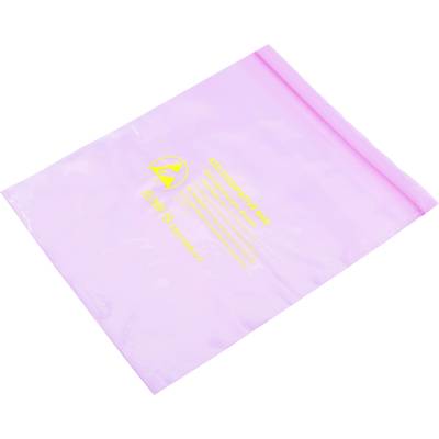 Sachet rose antistatique avec texte et symboles jaunes, typiquement utilisé pour protéger les composants électroniques contre les décharges électrostatiques.