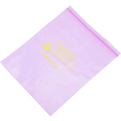 Sac en plastique antistatique rose avec un symbole d'avertissement jaune et un texte avertissant du danger de décharge électrostatique.