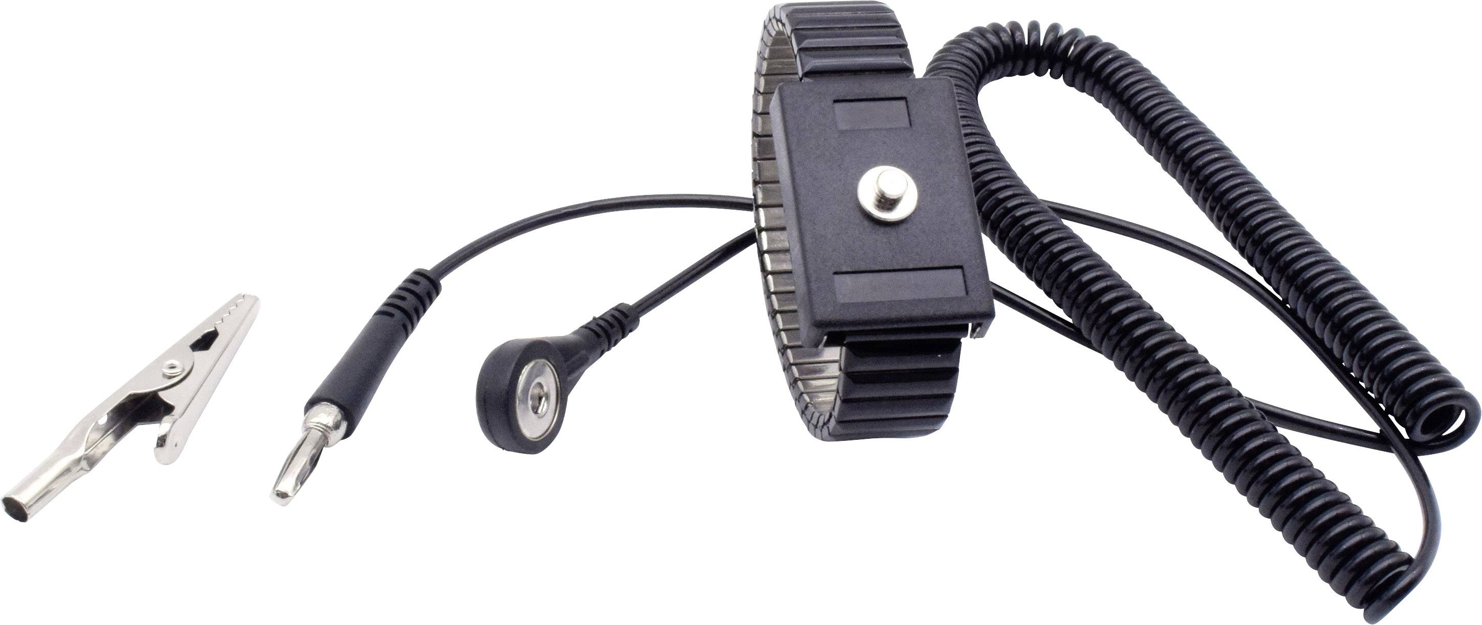 Bracelet antistatique avec câble spiralé et pince crocodile, conçu pour prévenir les décharges électrostatiques lors de la manipulation de composants électroniques.