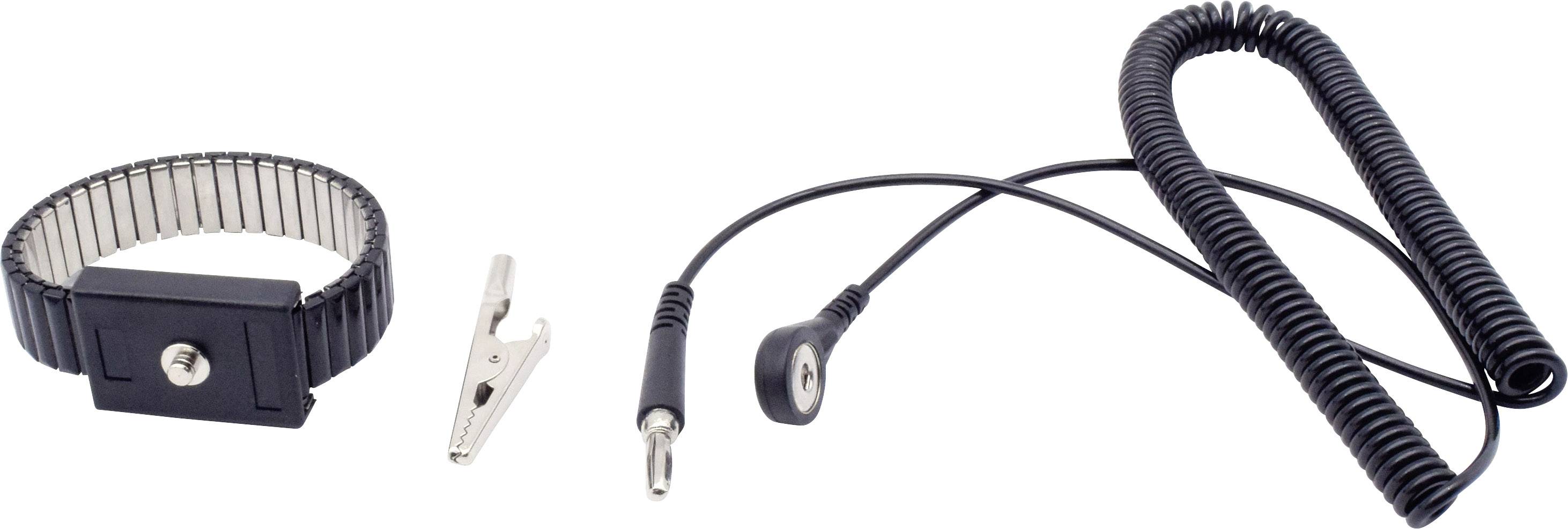 Ensemble de bracelet antistatique, comprenant un bracelet, une pince crocodile et un câble spiralé. Utilisé pour la mise à la terre lors de travaux électroniques.