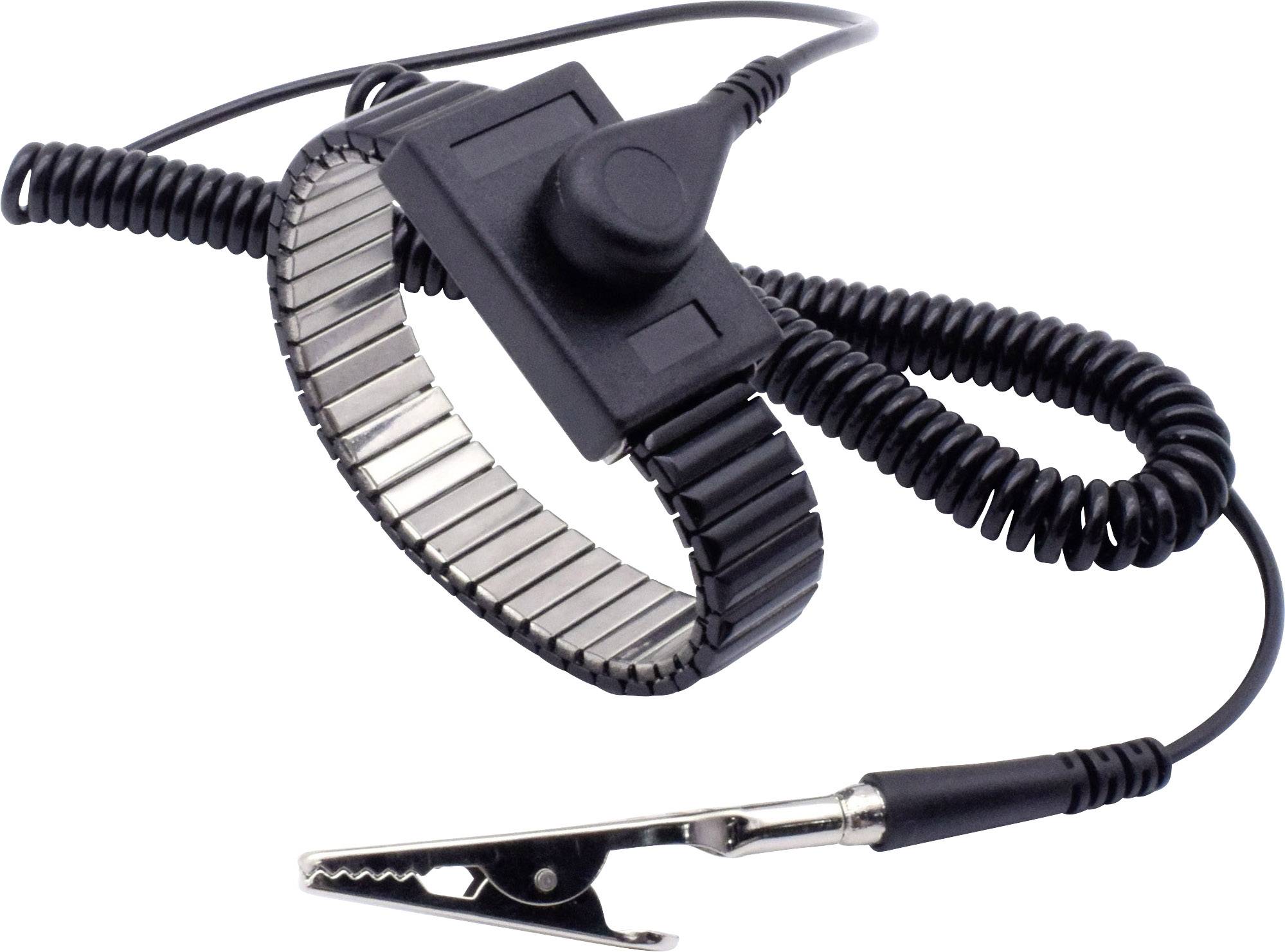 Bracelet antistatique en métal avec câble spiralé et pince crocodile, utilisé pour décharger les charges électrostatiques et protéger les composants électroniques.