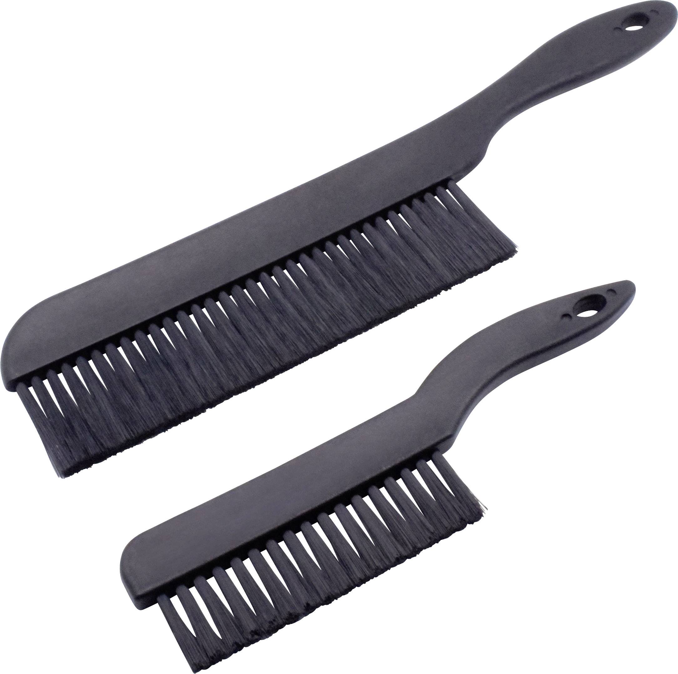 Deux peignes noirs de différentes tailles, disposés côte à côte, avec des manches courbés et des poils denses.