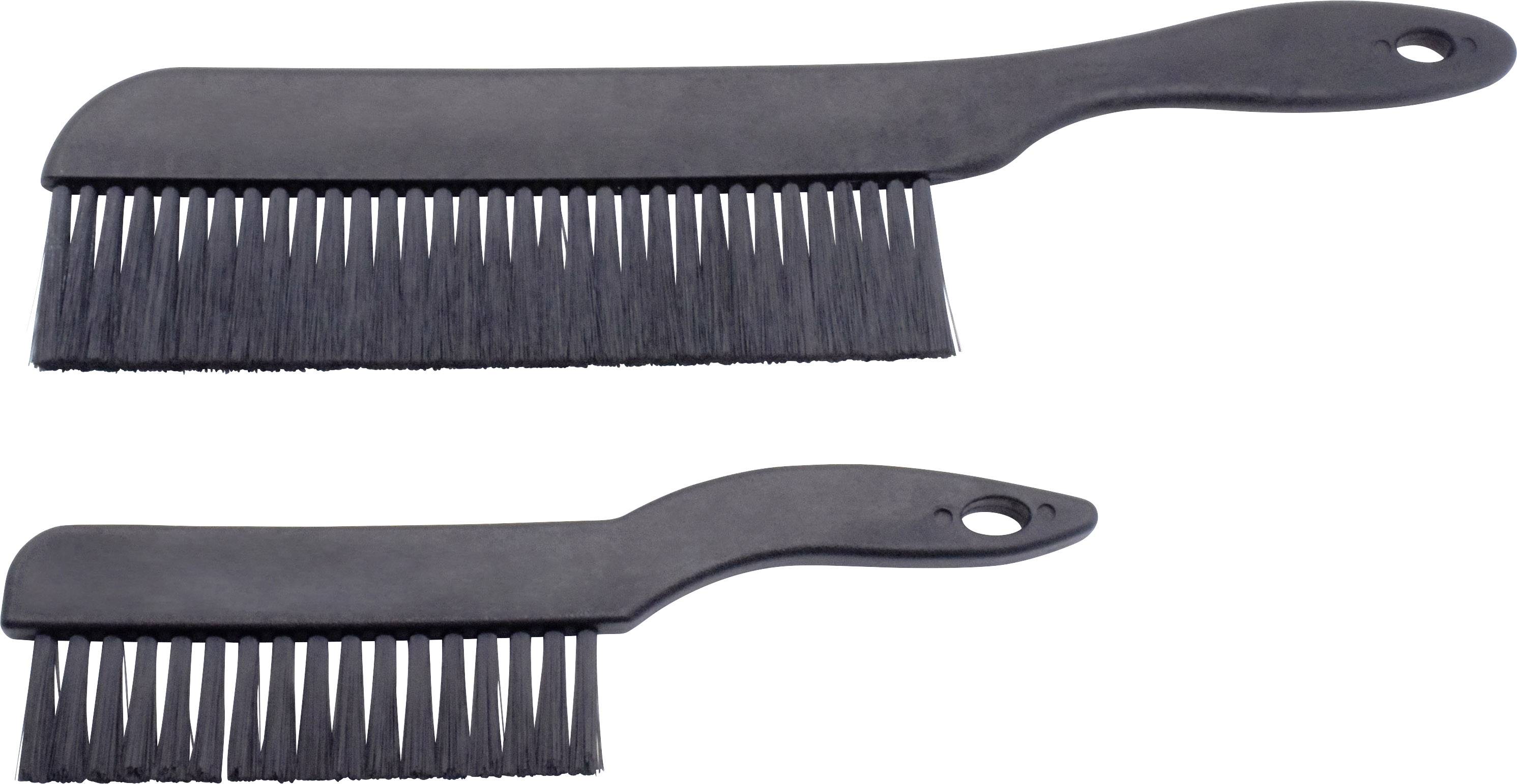Deux brosses noires avec de longs manches sont posées côte à côte. Les brosses diffèrent par leur taille.