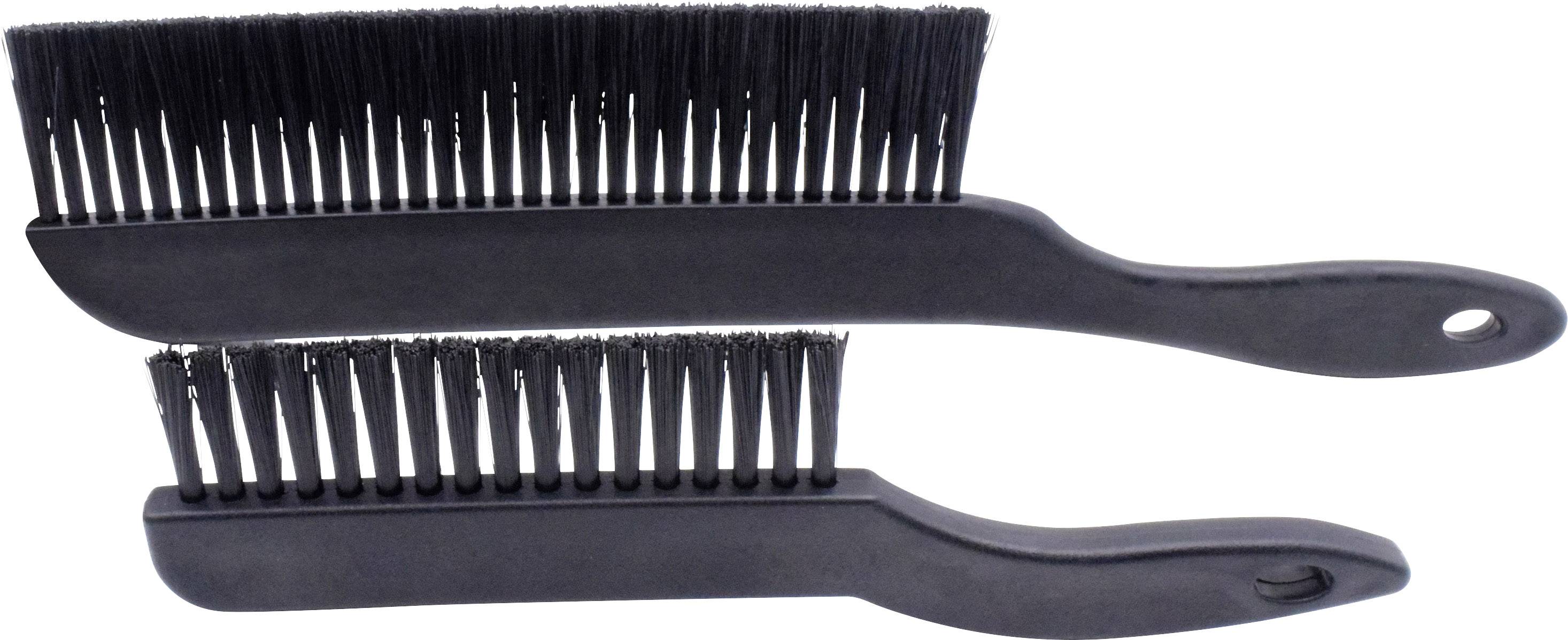 Deux brosses à main noires avec des poignées, posées l'une sur l'autre. La brosse supérieure est plus grande, toutes deux possèdent des poils pour le nettoyage.