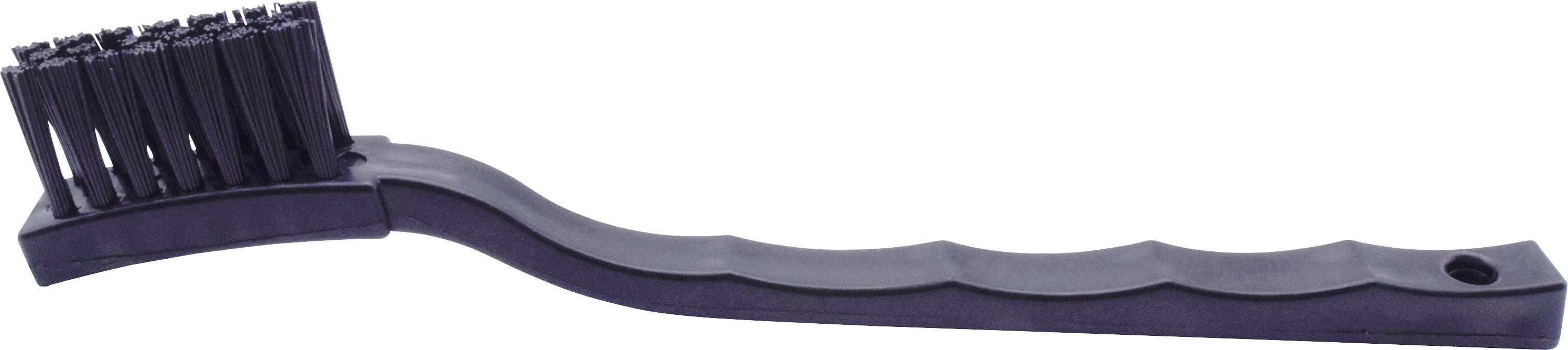 Brosse de nettoyage noire avec manche incurvé et poils denses, adaptée pour un nettoyage de surface en profondeur.