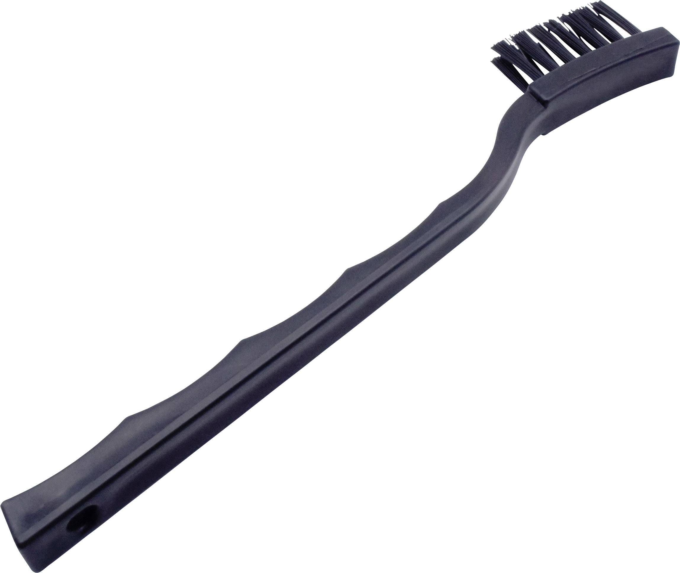 Brosse métallique noire à manche courbé et poils courts, adaptée au nettoyage de petits endroits difficiles d'accès.