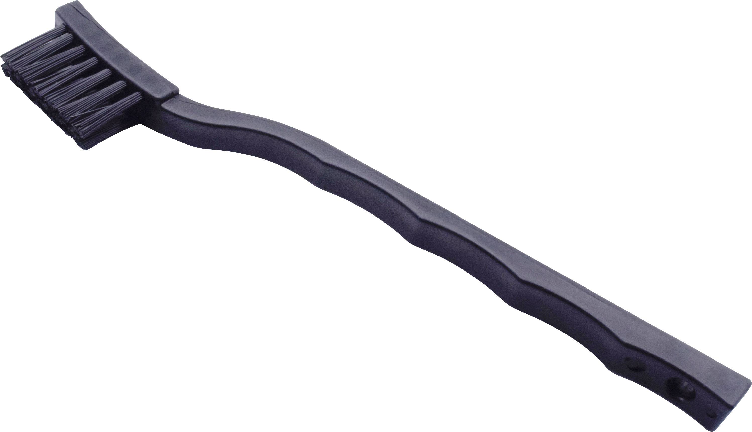 Brosse de nettoyage noire avec une poignée allongée et incurvée, pourvue de poils denses sur un côté, adaptée aux travaux de nettoyage précis.