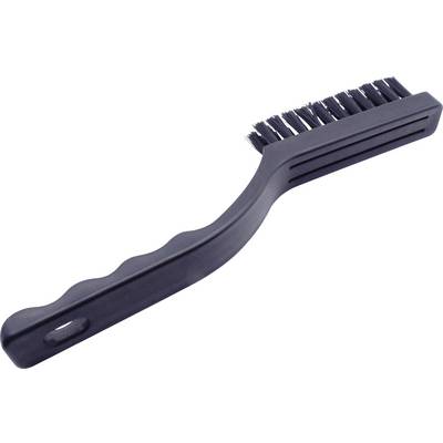 Brosse de nettoyage noire avec poignée rigide et poils serrés, adaptée au nettoyage des surfaces ou des endroits difficiles d'accès.