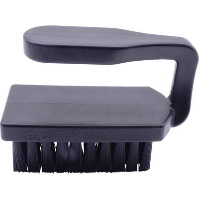 Brosse de nettoyage noire à tête rectangulaire et poignée ergonomique ; utilisée pour un nettoyage intensif.
