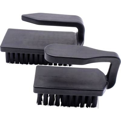 Deux brosses noires avec une poignée rectangulaire, adaptées aux travaux de nettoyage, sur un fond blanc.