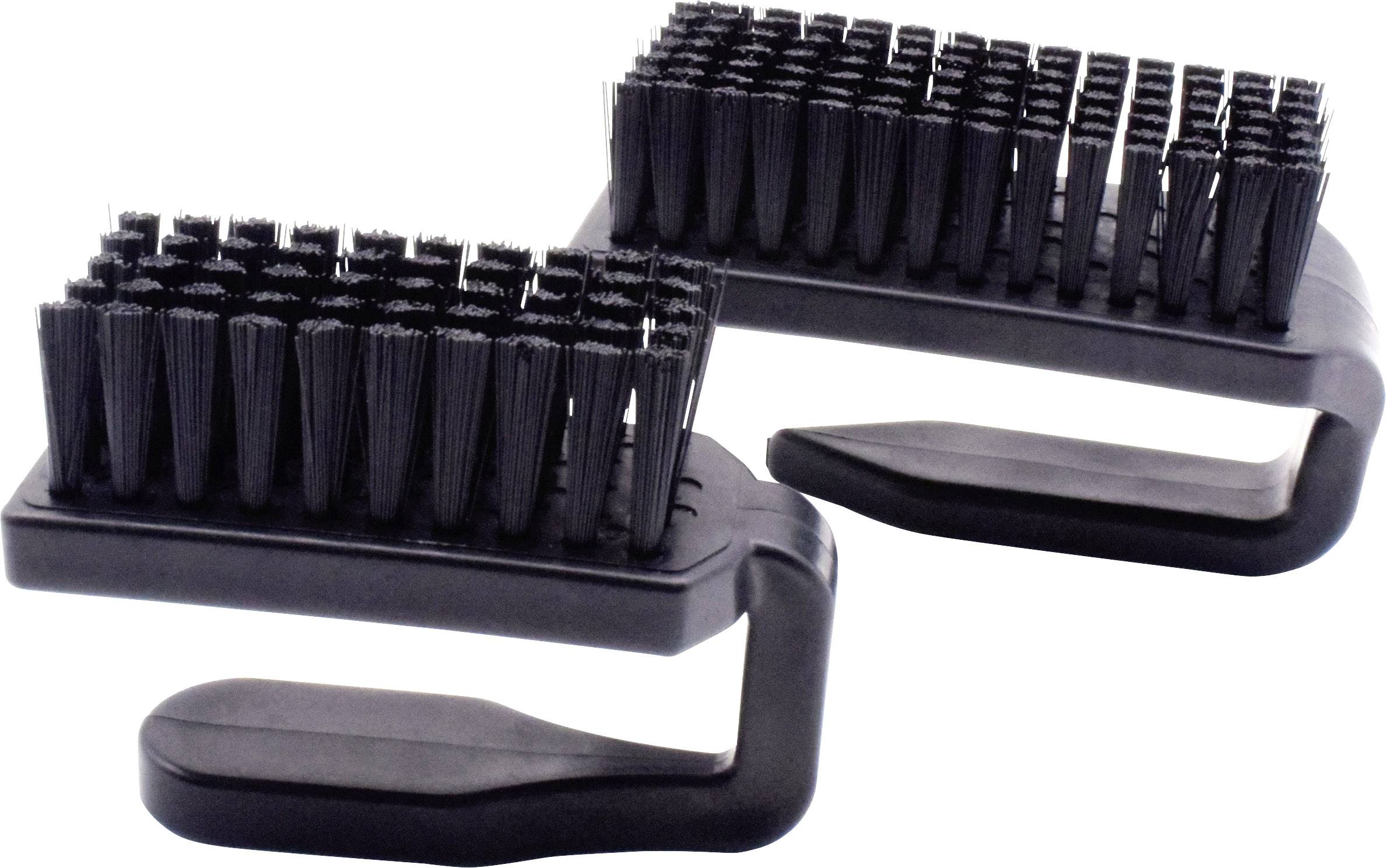 Deux brosses noires en plastique avec des poils grossiers, conçues en forme d'angle. Adaptées pour nettoyer les grilles de barbecue ou des surfaces similaires.