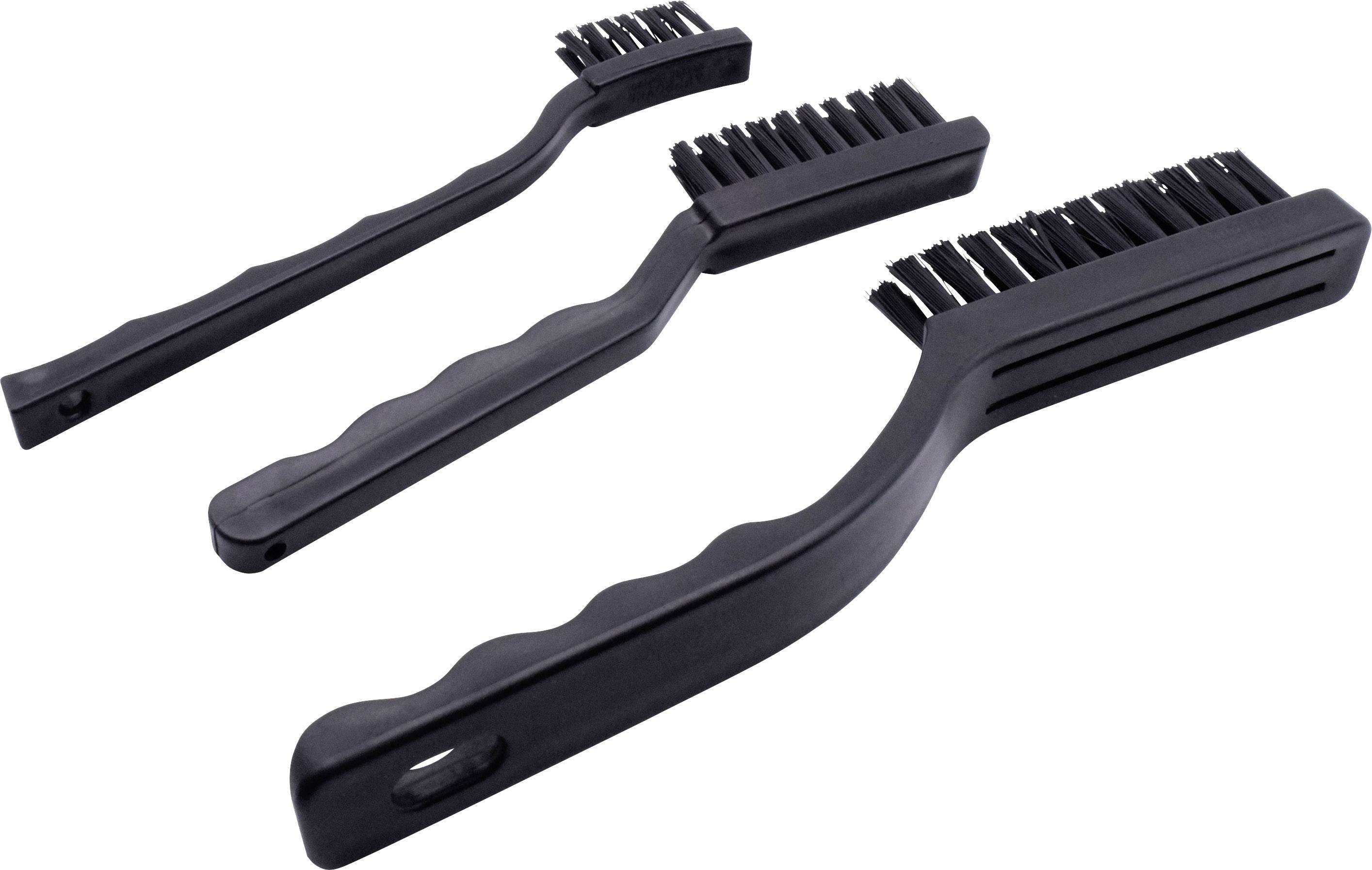 Trois brosses de nettoyage noires avec manche en plastique de différentes tailles, chacune pourvue de poils noirs, sur fond blanc.