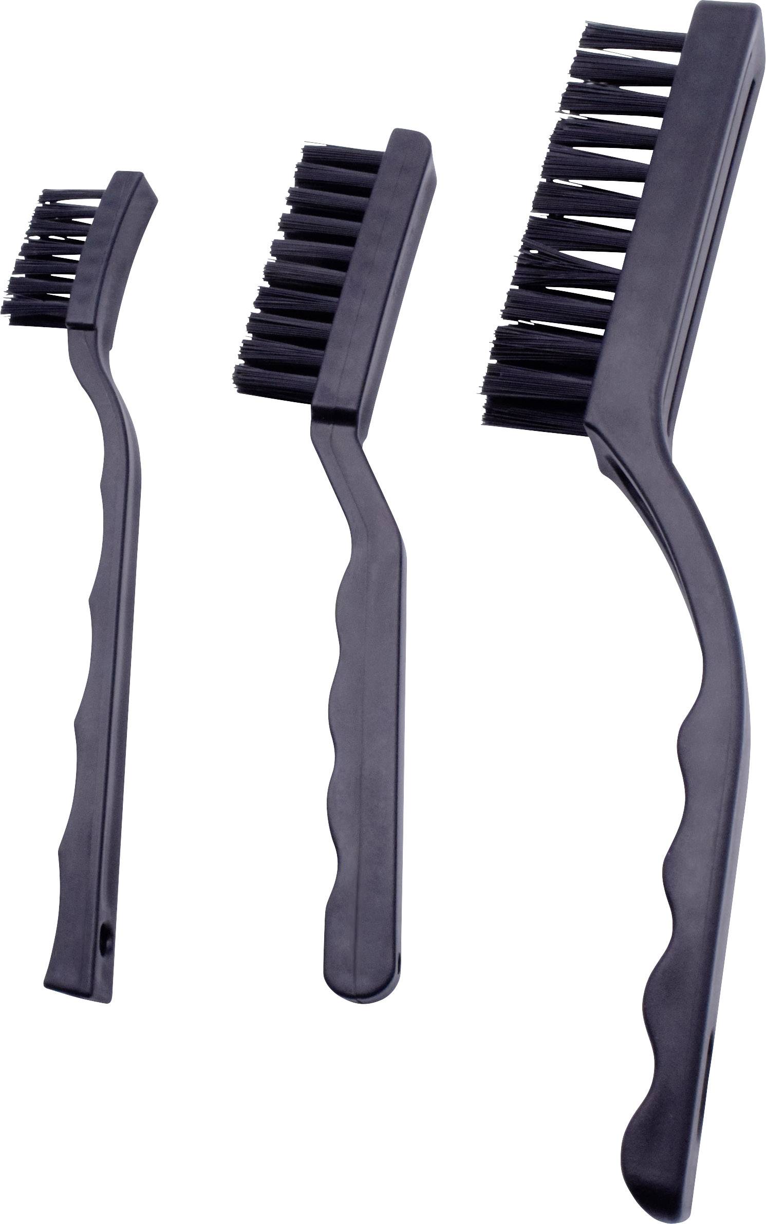 Trois brosses à main noires de différentes tailles avec des poignées incurvées, disposées en diagonale de la plus petite à la plus grande.