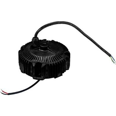 Un driver LED noir et rond avec des connexions de câbles, adapté à l'alimentation électrique des luminaires LED dans des applications industrielles.