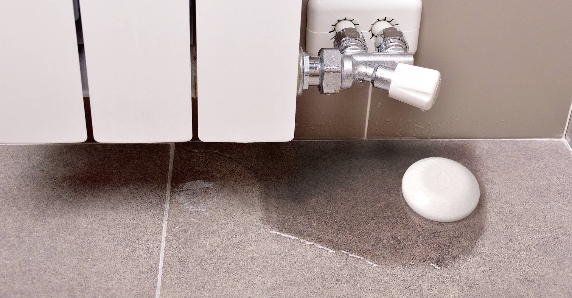 Fuite d'eau sous un radiateur qui a mouillé un carreau.