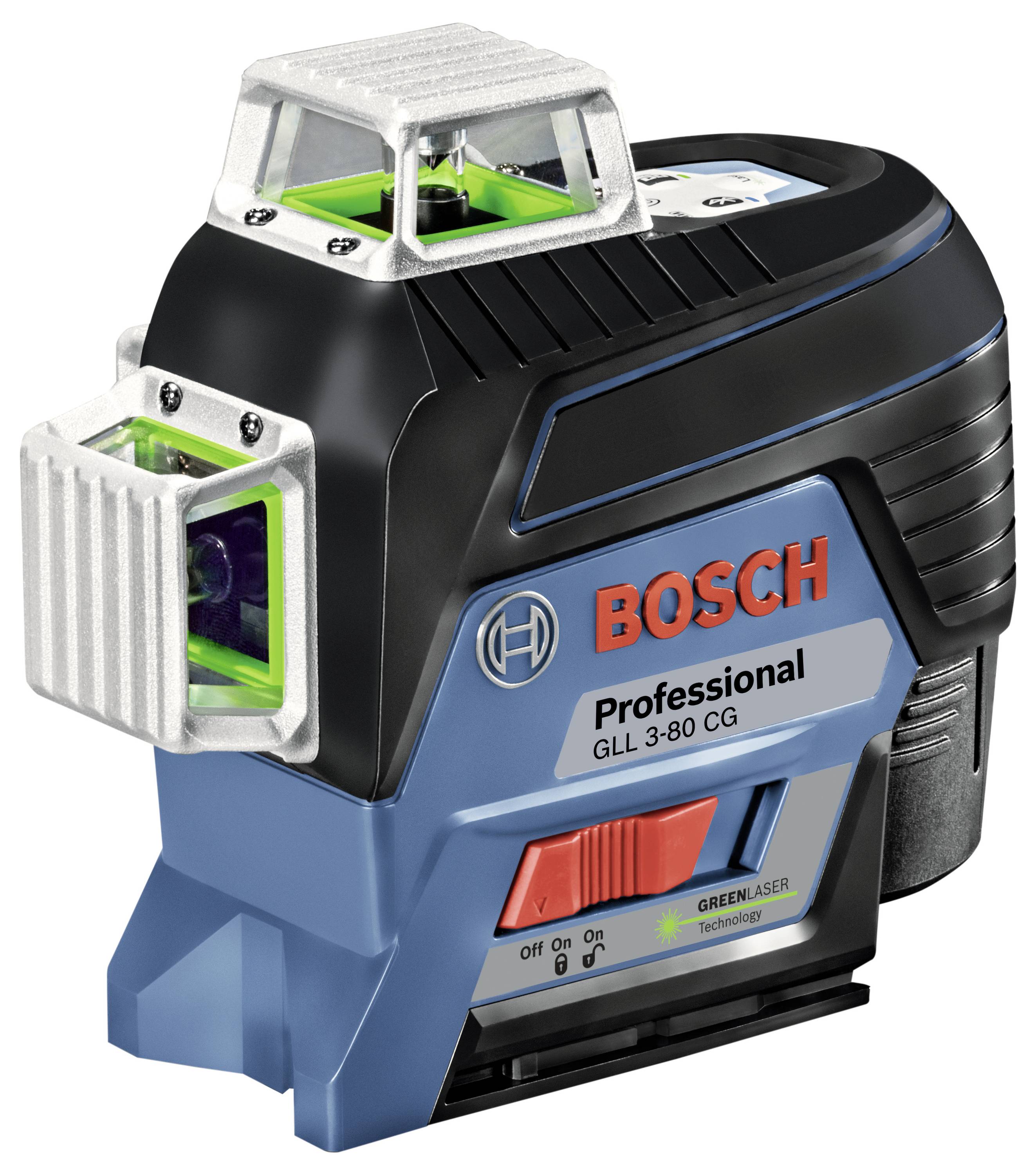 Un niveau laser Bosch GLL 3-80 CG posé sur une table, fournissant un faisceau laser vert pour des travaux de nivellement précis.