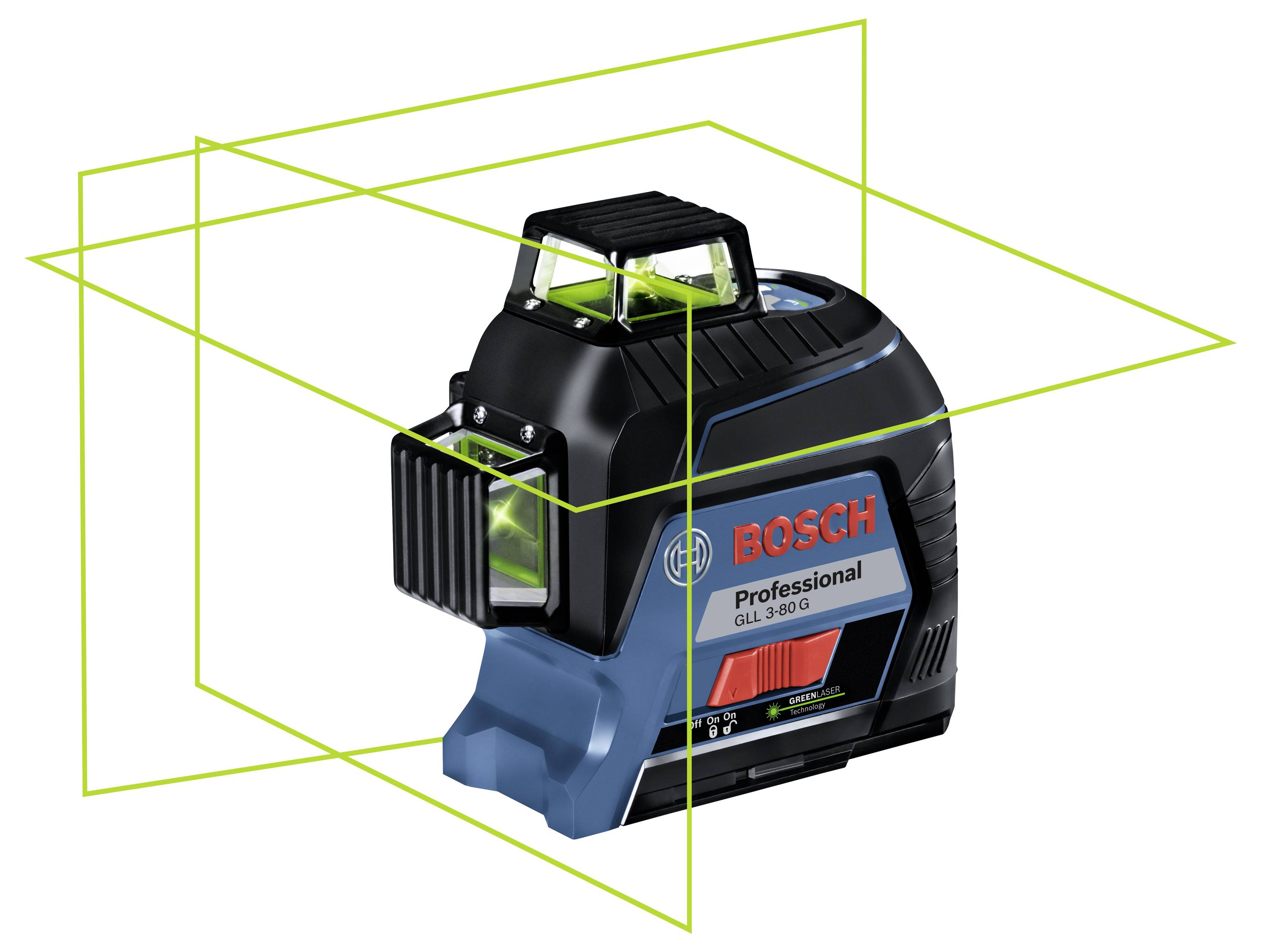 Bosch GLL 3-80 G, laser à lignes professionnel, affiche des lignes horizontales et verticales vertes pour des travaux de nivellement précis.