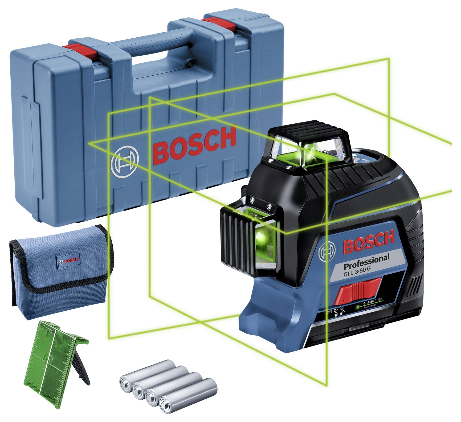 Un laser à lignes croisées Bosch avec des rayons laser verts pour des mesures précises. Contenu : mallette de transport, pack de batteries, support.