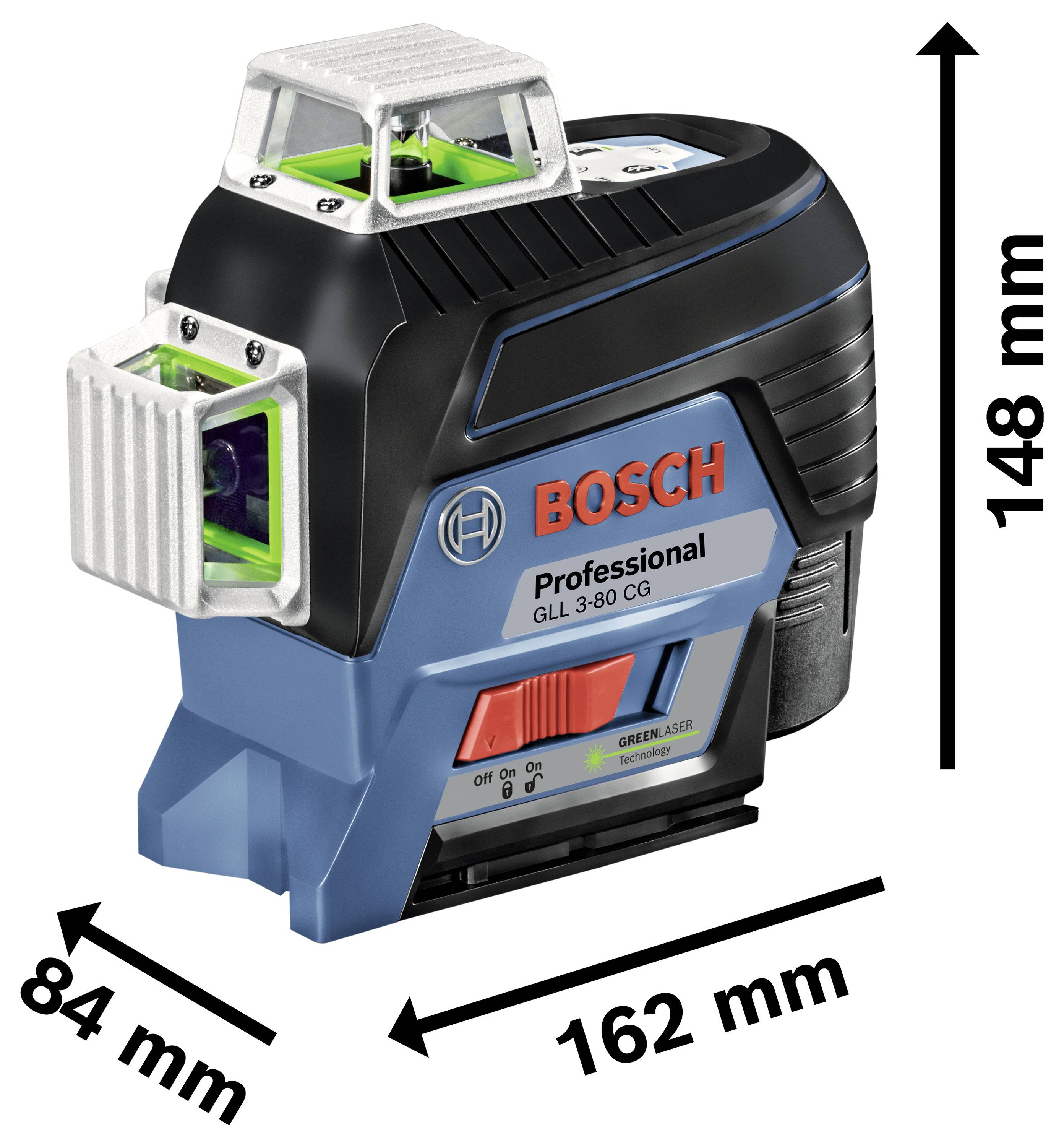 L'image présente un laser lignes Bosch Professional GLL 3-80 CG, avec des dimensions de 84 mm x 162 mm x 148 mm et des lignes laser vertes.