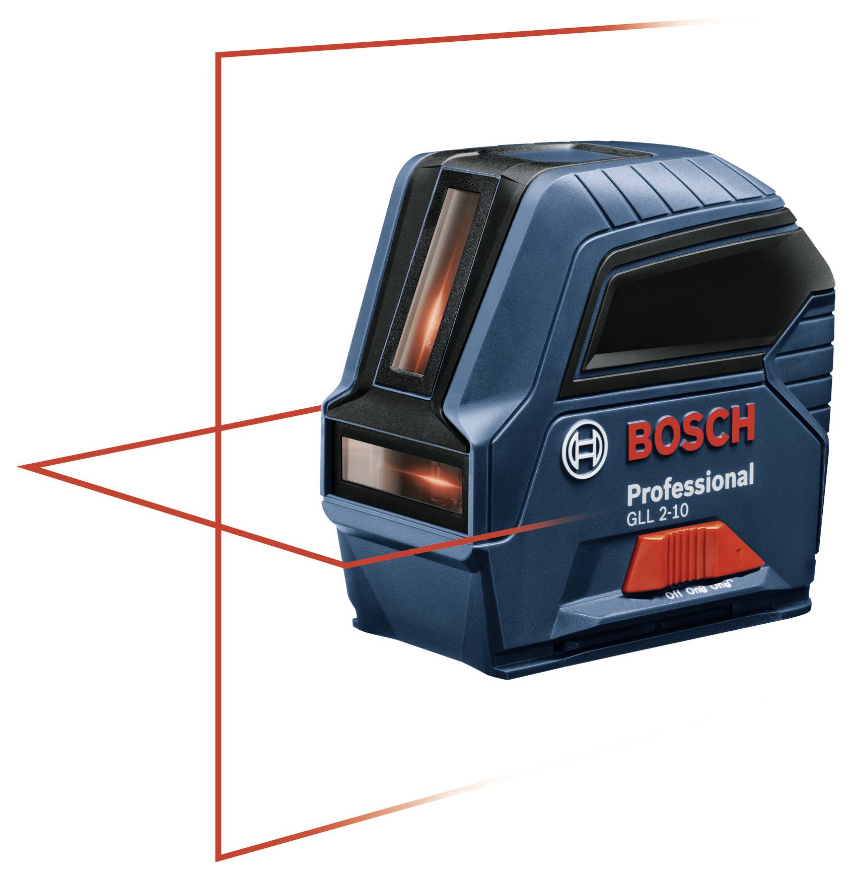 Un laser ligne Bosch GLL 2-10 projette des lignes rouges horizontales et verticales pour le nivellement et l'alignement lors de travaux de construction.