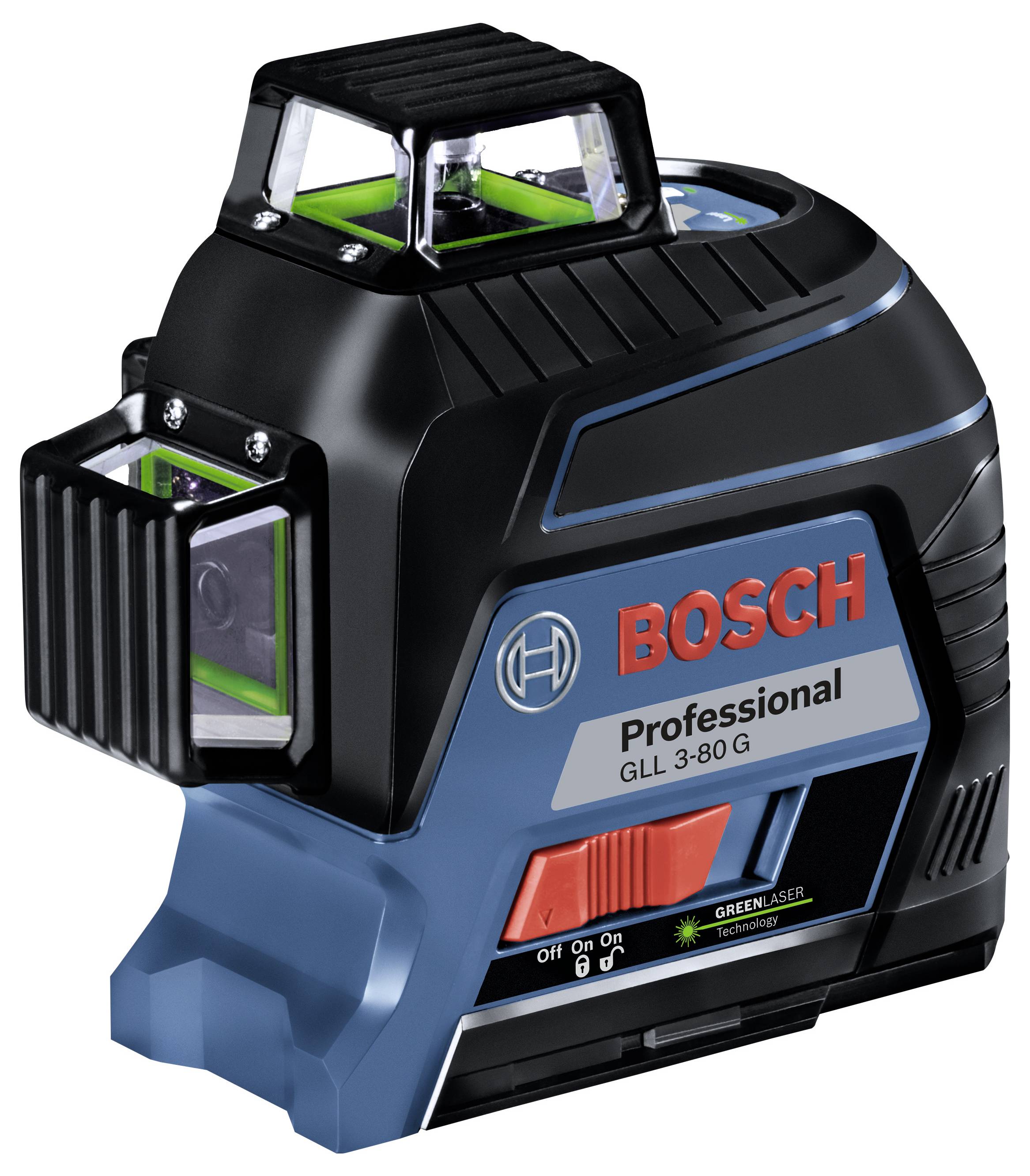 Un laser à lignes croisées Bosch avec couverture à 360 degrés, modèle GLL 3-80 G. Affiche une croix laser verte pour un alignement précis.