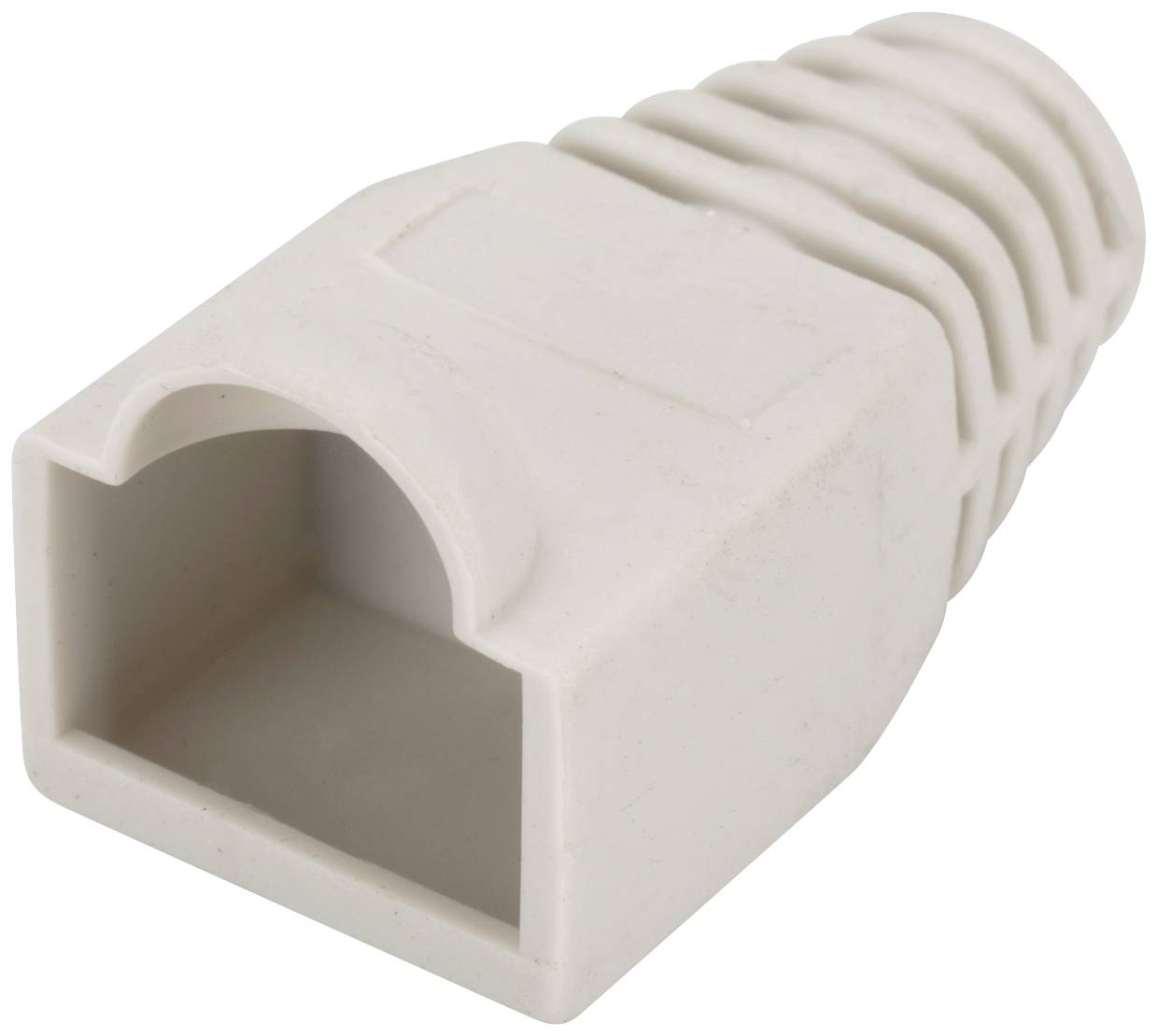 Connecteur RJ45 beige avec surface striée, présentant une ouverture rectangulaire creuse pour la connexion de câble.