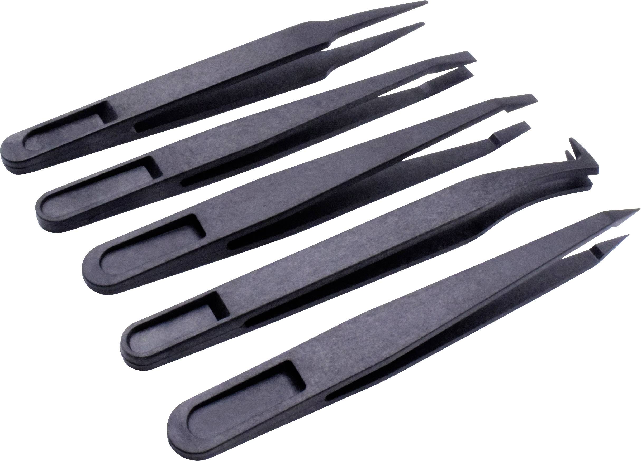 Cinq pinces à épiler en plastique noir disposées en éventail. Chacune possède une forme de pointe différente pour des applications variées.