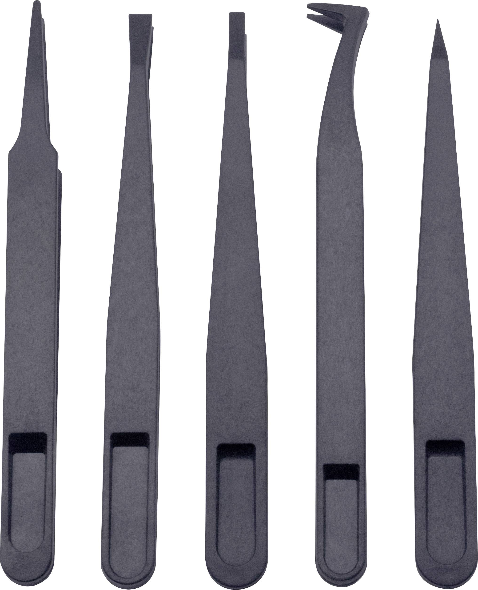 Cinq pinces de précision noires avec différentes formes de pointes, disposées en ligne.
