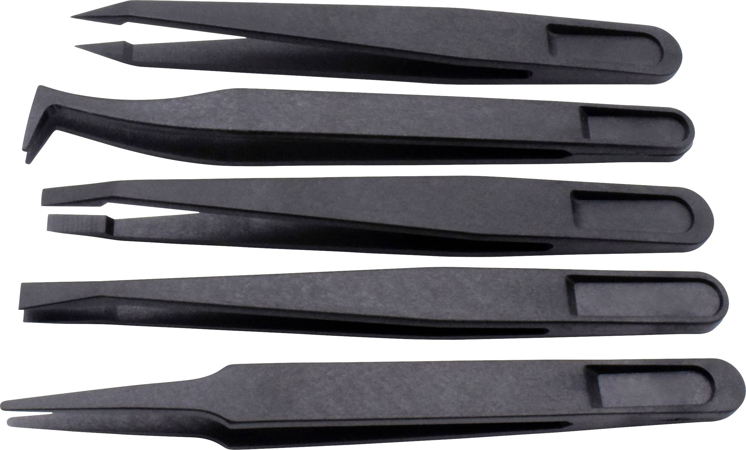 Cinq pinces à épiler noires avec différentes formes de pointes, disposées côte à côte.