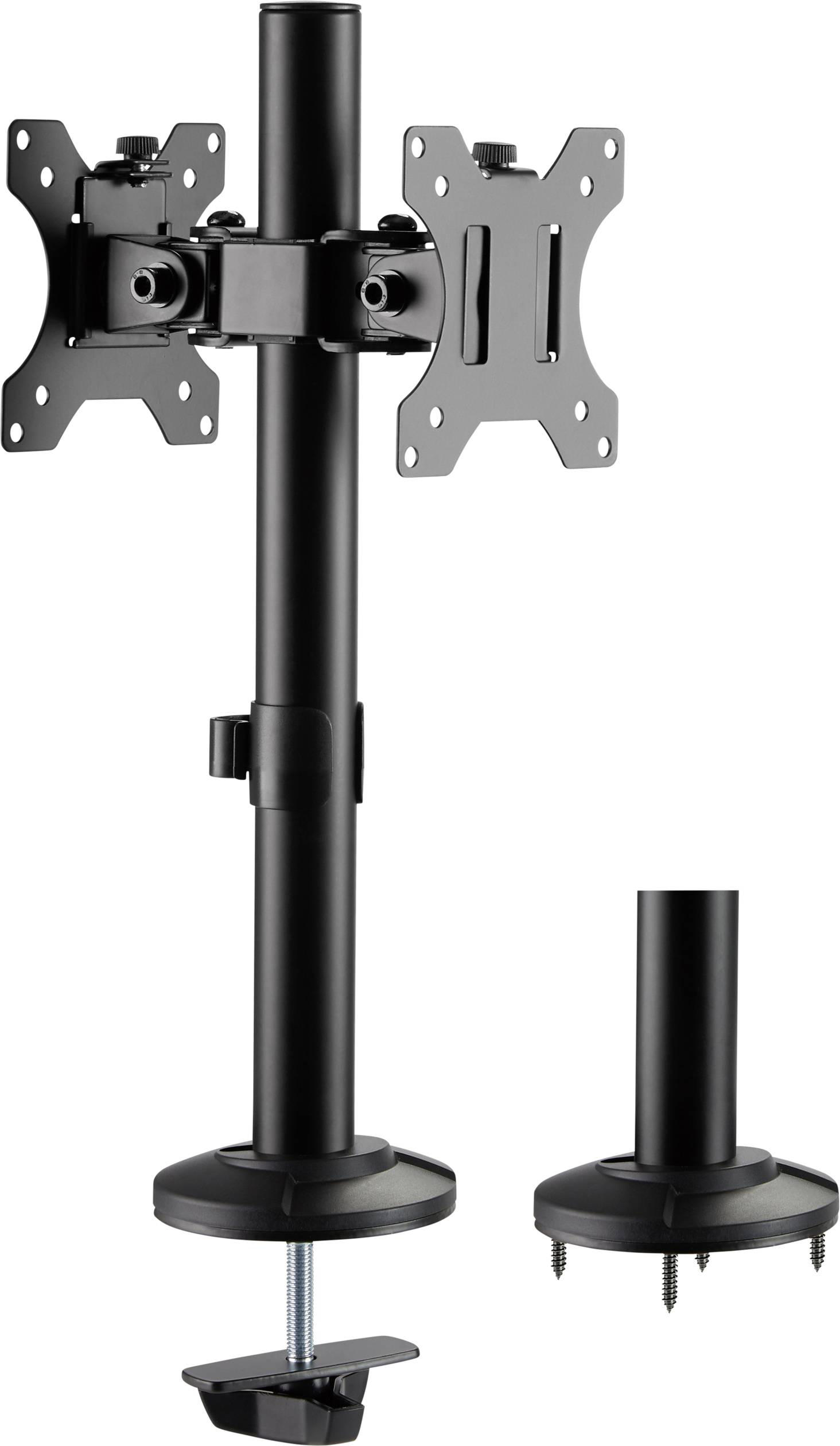 Deux supports de moniteur noirs avec des pinces qui peuvent être fixés au bord de la table. Adaptés aux moniteurs compatibles VESA.