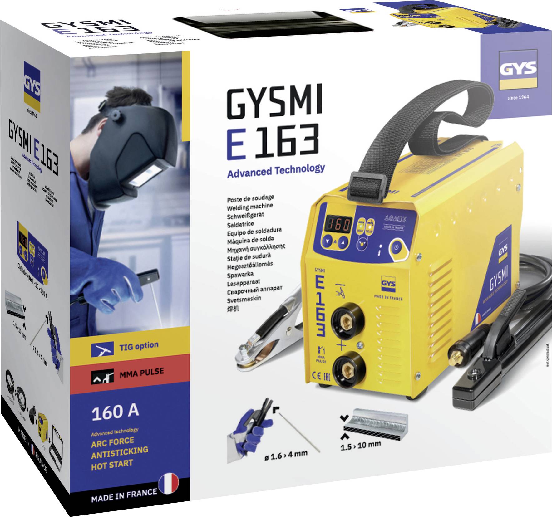 Poste à souder 'GYSMI E163' en jaune avec accessoires. Un soudeur est représenté sur l'emballage. Fonctions : MMA Pulse, 160 A.
