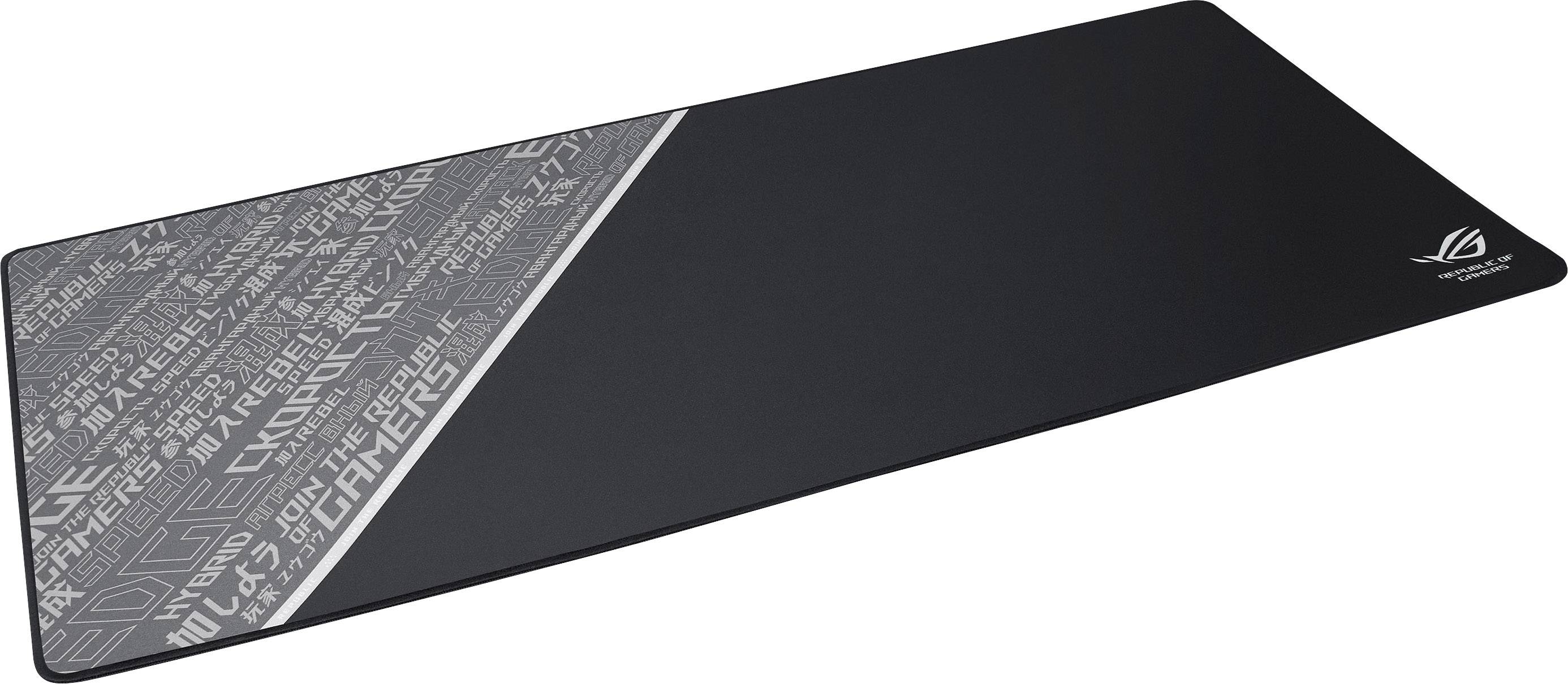 Tapis de souris au design noir avec un motif graphique gris sur le côté gauche ; logo ROG en haut à droite.