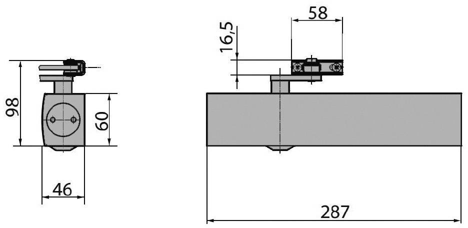 Dessin technique d'un composant avec dimensions : Hauteur 98, Largeur 46, Longueur 287 mm. Présente les vues latérale et frontale avec des dimensions précises.